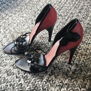 Prada Black/Rose Floral Peep Toe Pump